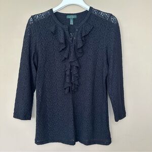 Lauren Ralph Lauren Womens M Black Whimsigoth Lace Ruffle Top Vampire Dark Fairy